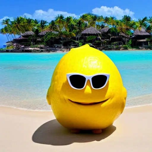 Prompt: an amazing award winning photo of a huge smiling lemon with sunglasses sitting in a beach chair on a beautiful beach resort, masterpiece, very detailed