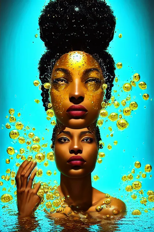 Image similar to hyperrealistic post - futurist cinematic very expressive! profile black oshun goddess, in water!! up to shoulders, mirror dripping droplet!, gold flowers, highly detailed face, digital art masterpiece, smooth eric zener cam de leon, dynamic pearlescent turquoise light, low angle uhd 8 k, sharp focus
