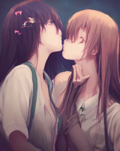 Image similar to portrait of two girls kissing, anime, drawn by WLOP, trending on Artstation