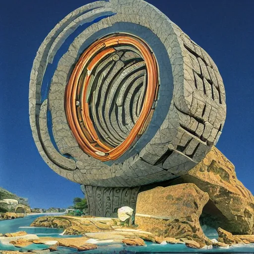 Image similar to a gigantic paleolothic torus made of stone with highly detailed carvings of intricate shamanic robotic electronics and circuitry, in a mediterranean lanscape, inside a valley overlooking the sea, in the style of syd mead