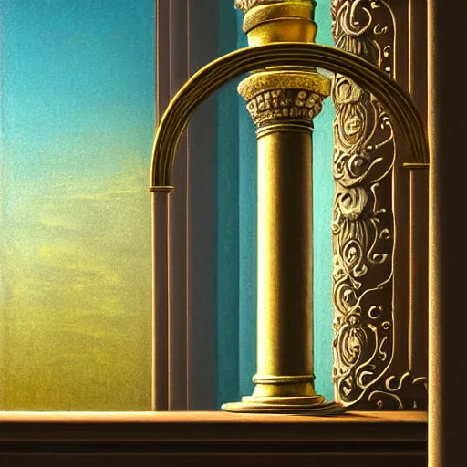 Image similar to still life painting of a room with a balcony and a pedestal displaying an ancient holy artifact, shaped like torus ring, chromed and ornate with gentle iridescent shine from within. the ring lays on top of a pedestal. perspective from the side. realistic light and shadows. moody fantasy art, still life renaissance pastel painting. close up