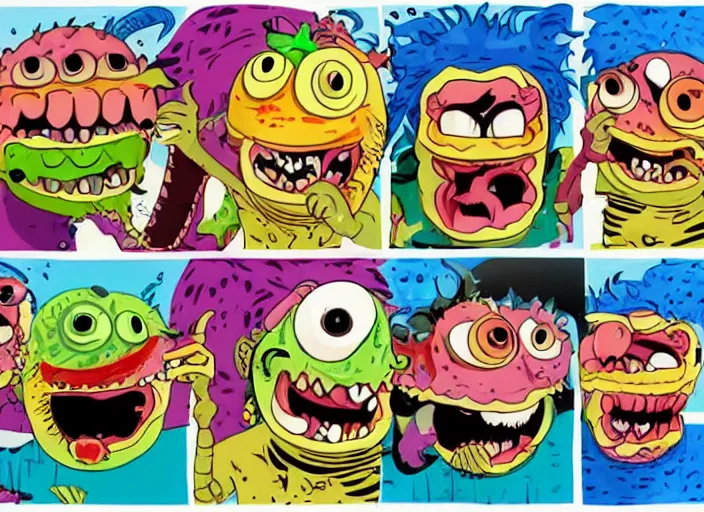 Image similar to aaahh!!! real monsters messy food fight, detailed facial expressions