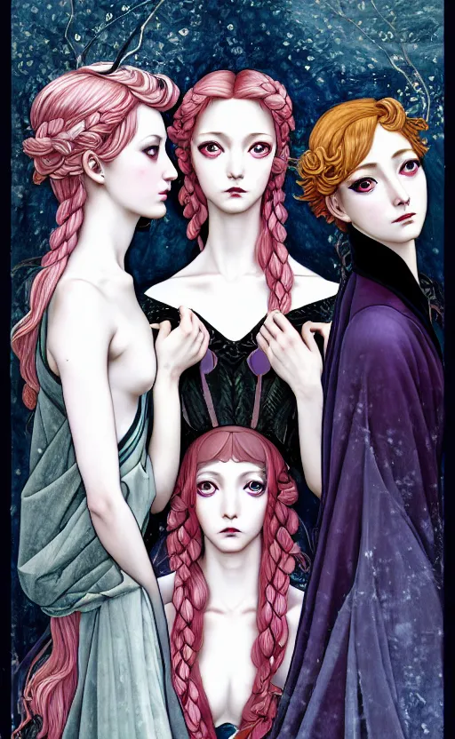 Image similar to 3 muses, (Representing the 3 months of December, January, and February), in a mixed style of Botticelli and Æon Flux, inspired by pre-raphaelite paintings, shoujo manga, and Harajuku street fashion, sparse frozen landscape, dark and moody colors, hyper detailed, super fine inking lines, dramatic lighting, 4K extremely photorealistic, Arnold render