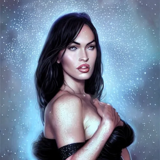 Image similar to portrait of megan fox wearing a black dress with galaxy lights and stars, sultry muscular body, fantasy, intricate, elegant, highly detailed, digital painting, artstation, concept art, matte, sharp focus, perfect face symmetry, illustration, art by aenaluck and roberto ferri and greg rutkowski, epic fantasy, digital painting