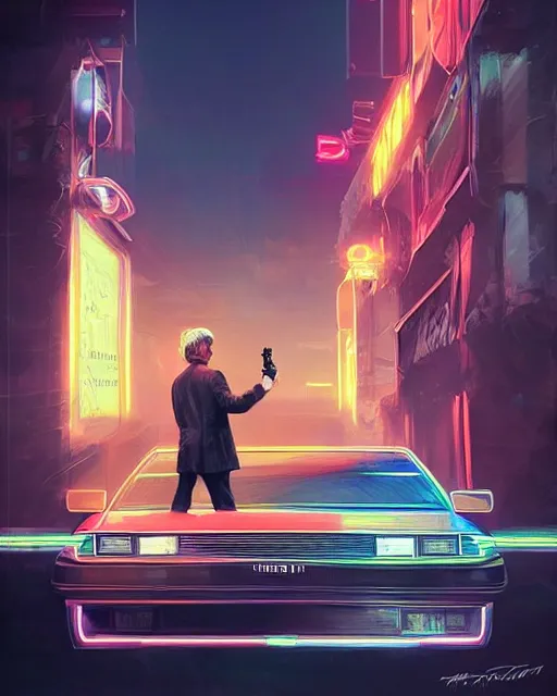 Image similar to donald trump and doc emmett brown in a flying delorean, neon lights, illustration, rim light, top light, perfectly shaded, spring time, slight overcast lighting, soft painting, art by krenz cushart and wenjun lin