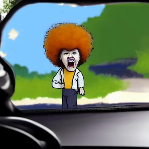 Image similar to a tiny screaming angry bob ross running your in rear view mirror