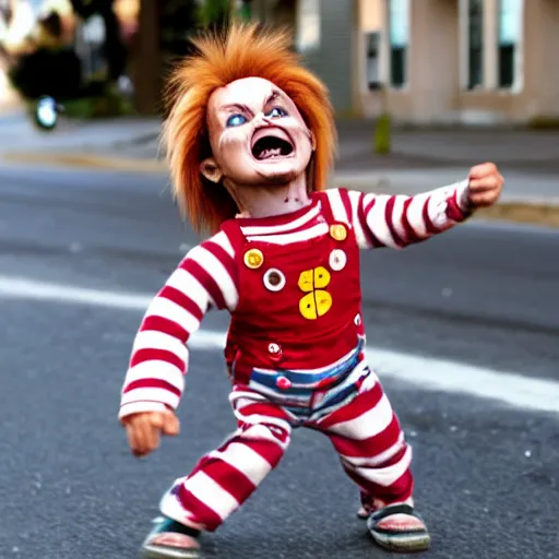 Image similar to chucky doll chasing himself down the street while screaming