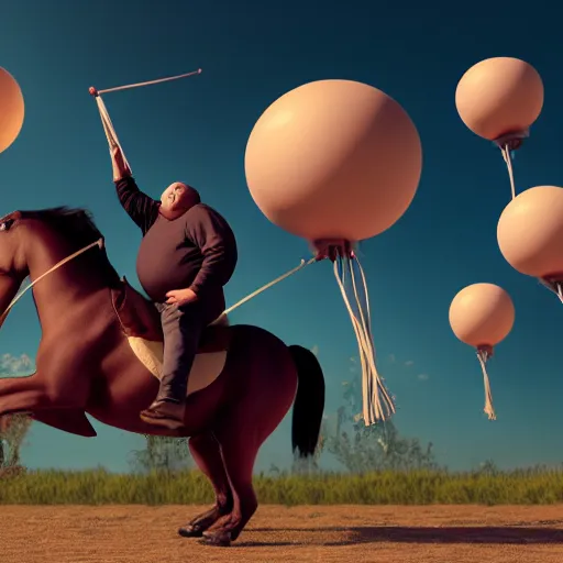 Image similar to photograph of morbidly obese man riding a horse. Three weather balloons are attached to the man, 8k, octane render