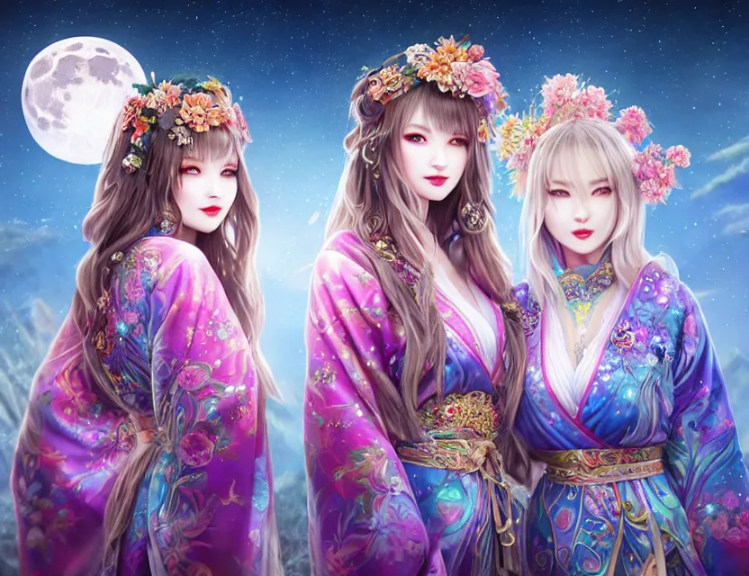 Image similar to two beautiful alluring siberian girls wear fantasy kimono in festival | | sunny night, full moon, dreamlike art, realistic shaded, smile, good looking, hyper details, 4 k realistic, cryengine, realistic shaded lighting poster by artgerm, ross tran, fuji choko, 8 k resolution, trending on artstation, luxury