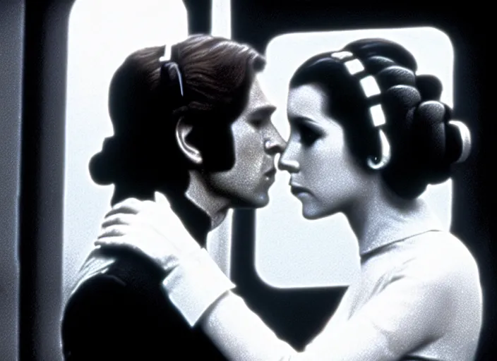 Image similar to screenshot of Han Solo kissing Princess Leia Organa, alone, pensive, iconic scene from 1970s Star Wars film directed by Stanley Kubrick, in a sci fi nursing home architecture, last jedi, 4k HD, cinematic still frame, photoreal, beautiful portraits, moody lighting, stunning cinematography, anamorphic lenses, kodak color film stock