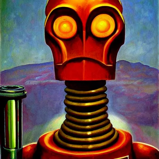 Image similar to alien robot shaman, dystopian, pj crook, edward hopper, oil on canvas