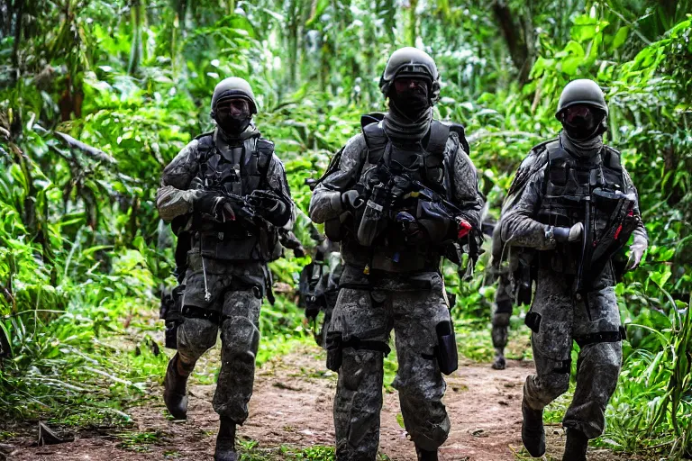 Image similar to Mercenary Special Forces soldiers in grey uniforms with black armored vest in a battlefield in the jungles 2022, Canon EOS R3, f/1.4, ISO 200, 1/160s, 8K, RAW, unedited, symmetrical balance, in-frame, combat photography