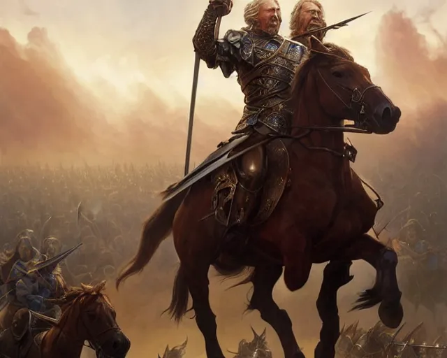 Image similar to king theoden charging the battlefield on horseback with an army of horses behind him, deep focus, d & d, fantasy, intricate, elegant, highly detailed, digital painting, artstation, concept art, matte, sharp focus, illustration, hearthstone, art by artgerm and greg rutkowski and alphonse mucha