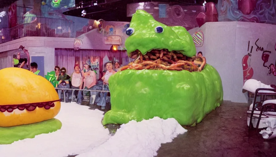 Image similar to 1990s photo of inside the Slime Friends Snow Potato Show ride at Universal Studios in Orlando, Florida, riding a hotdog through a dinner plate world, cinematic, UHD