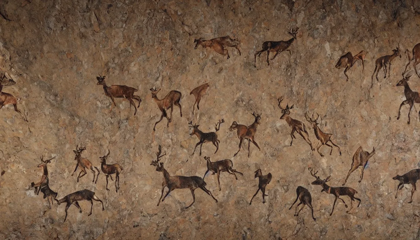 Image similar to cave painting of indigenous people chasing a deer, rock wall, stone, render, unreal engire, beautiful