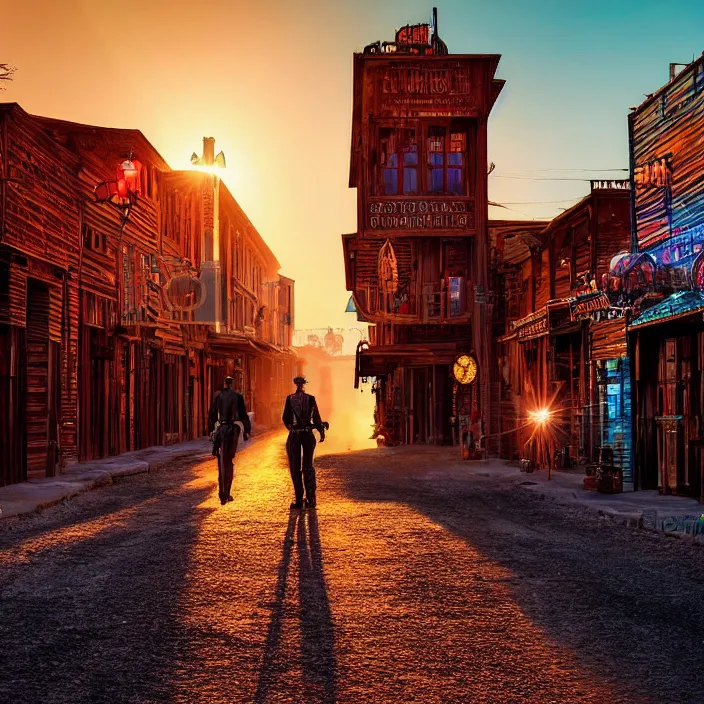 Image similar to a sunset light historical wild west empty street, duel between two cowboys, lots of sparkling details and sun ray's, blinding backlight, smoke, volumetric lighting, colorful, octane, 3 5 mm, saloon exterior, empty old town street, beautiful epic colored reflections, very colorful heavenly, softlight