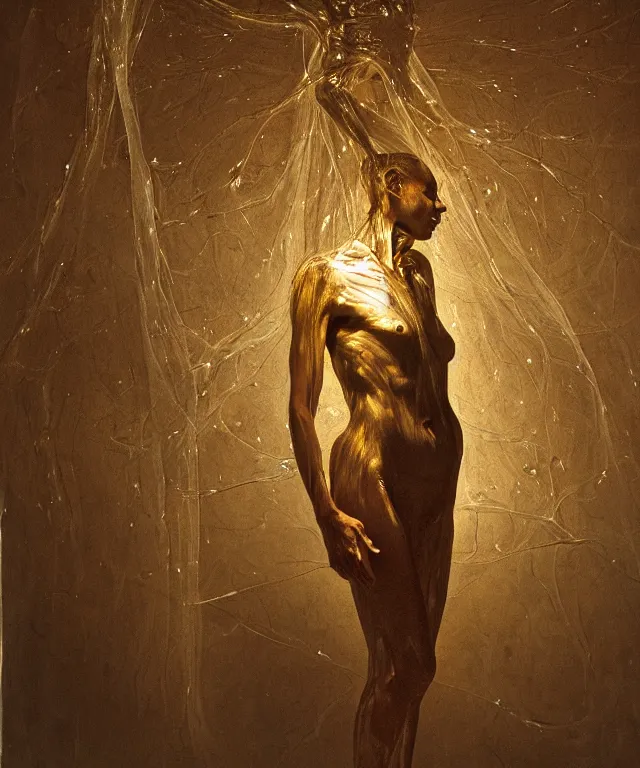 Image similar to Beautiful full-body wax sculpture of a glowing transparent woman with visible golden bones inside room without doors and windows in the singularity where stars becoming baroque folds of dark matter by Michelangelo da Caravaggio, Nicola Samori, William Blake, Alex Grey and Beksinski, dramatic volumetric lighting, highly detailed oil painting, 8k, masterpiece