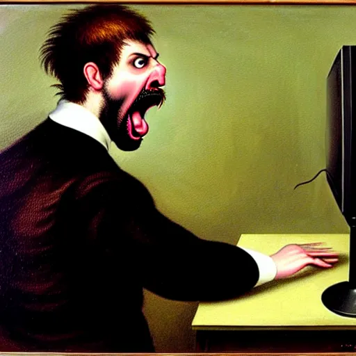 Image similar to an angry man yells at his computer monitor, oil on canvas, 1 8 8 3, highly detailed