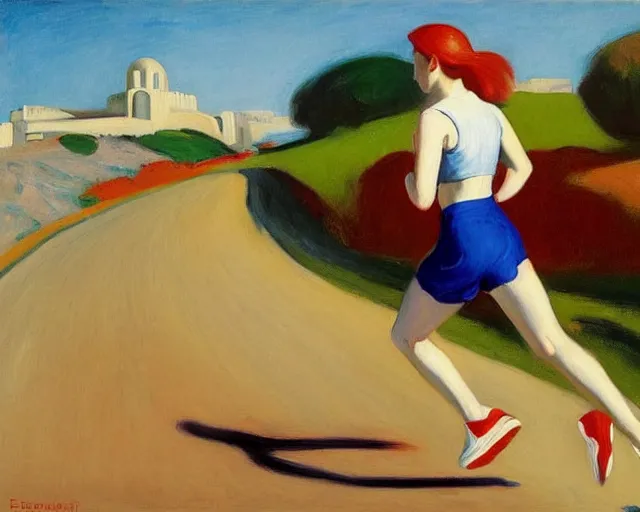 Prompt: blond lady with red and blue sneakers running through israel, running by salsa vendor, oil on canvas by edward hopper