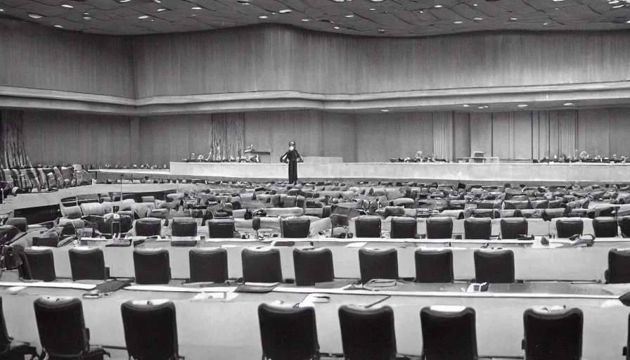 Image similar to 60s movie still of empty soviet congress with one man standing, cinestill 800t 50mm eastmancolor, liminal Space style, heavy grain-s 150