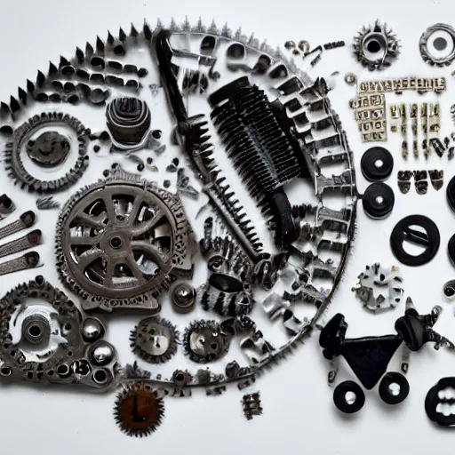 Prompt: knolling cogs and machine parts and a robotic insect dissected