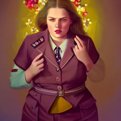 Prompt: colorful and festive cute female young plus size female hitler with tan skin, clear sharp female adolf hitler face, wearing yellow floral blouse. full body, rich vivid pastel colors, ambient lighting, dynamic lighting, 4 k, atmospheric lighting, painted, intricate, highly detailed by charlie bowater