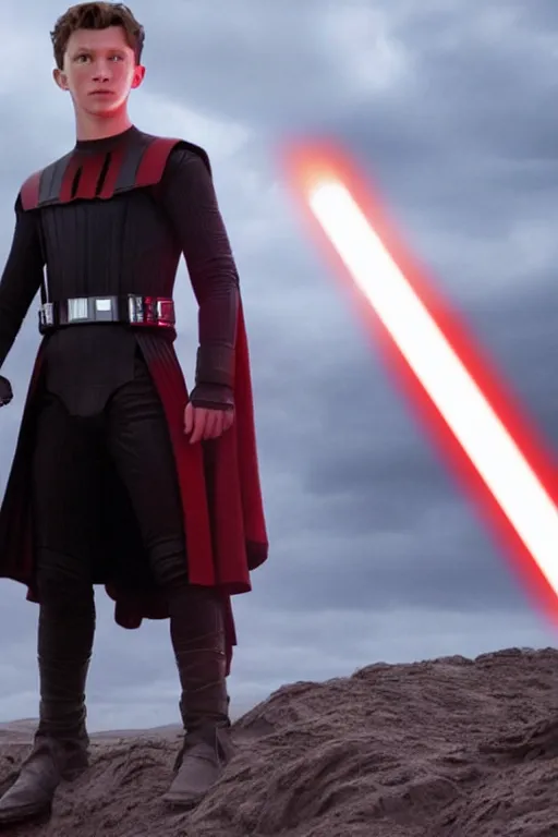 Image similar to tom holland as a sith in a new star wars film, 3 5 mm photography, highly detailed, cinematic lighting, standing pose, holding lightsaber 4 k