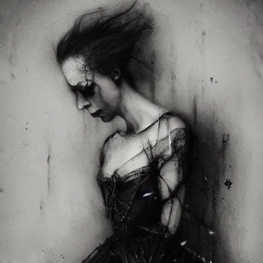 Prompt: dark ballerina, emil melmoth, concept art, deviantart, dark, 3 5 mm, chiaroscuro, surrealist, victorian, mist, dark