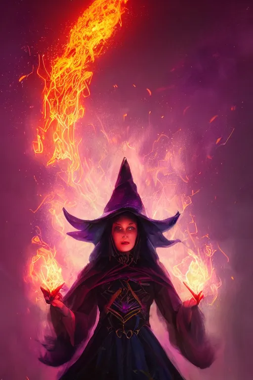 Image similar to A beautiful dark magician women wearing a large witches hat covered in colorful flames by Greg Rutkowski, Sung Choi, Mitchell Mohrhauser, Maciej Kuciara, Johnson Ting, Maxim Verehin, Peter Konig, mythical, 8k photorealistic, cinematic lighting, HD, high details, atmospheric,