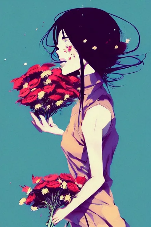 Image similar to a ultradetailed painting of a stylish girl holding a bouquet of flowers by conrad roset, greg rutkowski and makoto shinkai trending on artstation