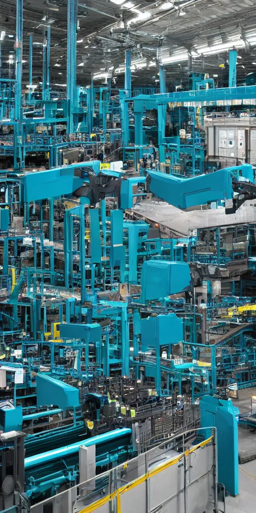 Image similar to factory industrial environment with highly complex machines, conveyors, palletizing robots in dark teal and mageta colors