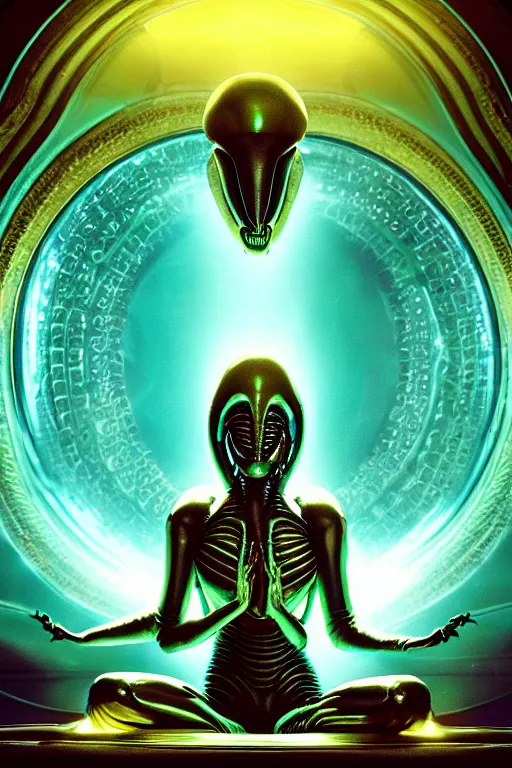 Prompt: cinematic masterpiece poster of glistening opalescent elegant queen empress xenomorph alien goddess meditating lotus position, inside ominous glowing alien temple shrine incubator. in the style of aliens, by denis villeneuve, weta workshop, james cameron, h. r. giger, beautiful octane render, extremely intricate, golden spiral composition, dramatic atmosphere, matte painting