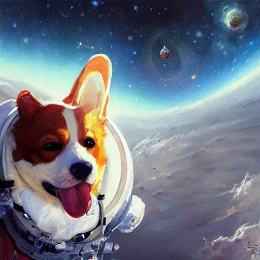 Prompt: heroic corgi cosmonaut in outer space, greg rutkowski