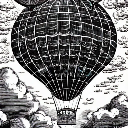 Prompt: portrait of an entire victorian air balloon over a fantasy landscape, line art illustration by joe fenton , black and white, intricate details