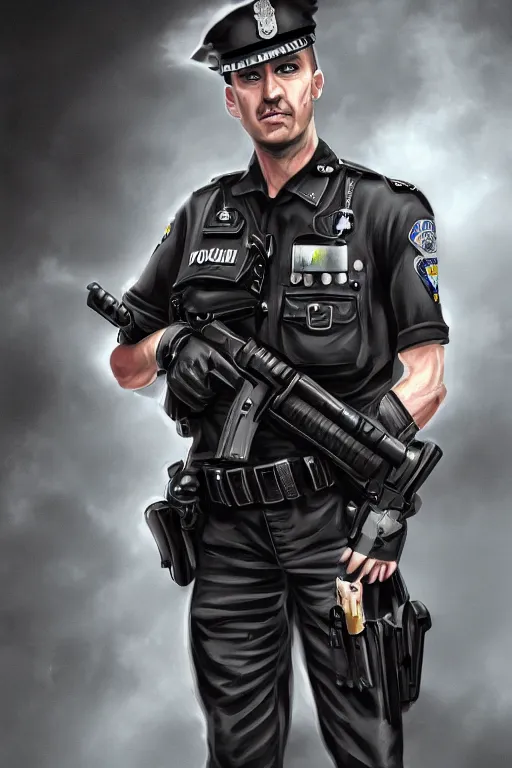 Image similar to london police officer heroically posing, highly detailed, digital art, sharp focus, trending on art station