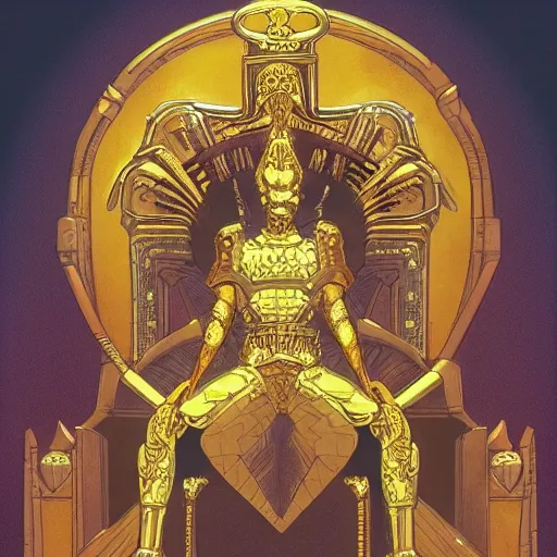 Image similar to a portrait o a god with a golden armor seated in a throne, moebius style