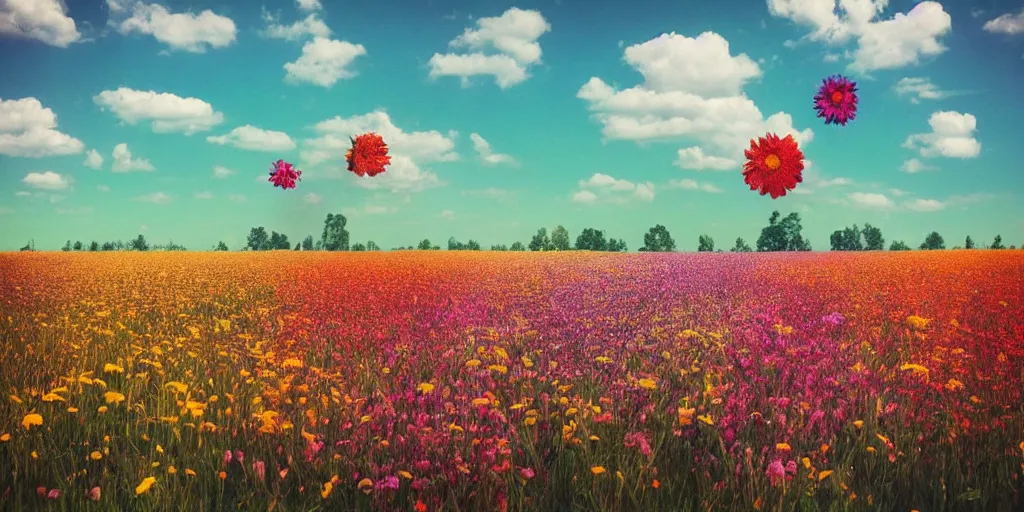 Prompt: on a sunny day, a field full of flowers, in the style of Beeple