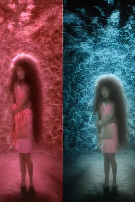 Image similar to 3d realistic dramatic infrared photo of two schoolgirls sisters with a realistic face and curly hair standing and hugging in a dark subway station under water in Japan. Close-up portrait. There are pink palm trees and translucent glow jellyfish flying around. Volumetric composition. Pastel colors in the style of Hiro Kiyohara, redshift, octane, trend artstation, cinematic, hyper realism, high detail, 8k