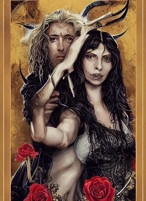 Image similar to tarot card :: horror :: vampires and draculas :: long hair :: hearts and roses :: gold and silver :: guns and swords :: side profile :: highly details :: intricate details :: Sandra Chevrier and bastien lecouffe deharme