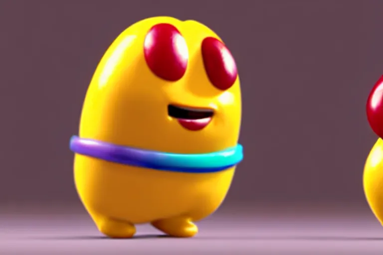 Image similar to an anthropomorphic jelly bean, moving a box, pixar