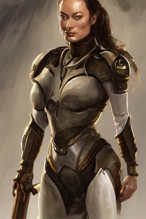 Image similar to a professional painting of a young Olivia Wilde, clothes in military armor, olive skin, long dark hair, beautiful bone structure, symmetrical facial features, intricate, elegant, digital painting, concept art, smooth, sharp focus, illustration, from StarCraft by Ruan Jia and Mandy Jurgens and Artgerm and William-Adolphe Bouguerea