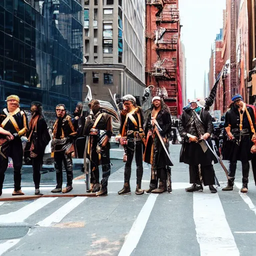 Image similar to real pirates standing with they swords ready in the middle of the road in new york city.