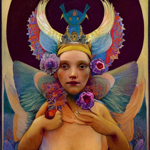 Image similar to the dawn crown, by Annie Swynnerton and Nicholas Roerich and Diego Rivera, bioluminescent skin, tattoos, wings made out of flowers, elaborate costume, geometric ornament, symbolist, soft colors, smooth, sharp focus, extremely detailed