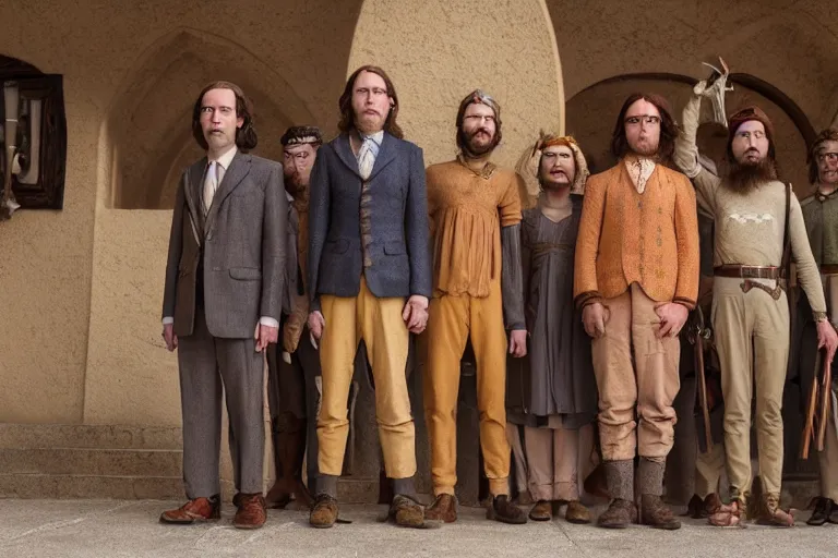 Prompt: A group of 5 adventurers lined up for a group portrait, Screenshot of Wes Anderson's New High Fantasy Movie, directed by Wes Anderson, Chest high, Photo realistic, Regal, Formal, Cinematic, Symmetrical, Satisfying dynamic lighting, Highly Detailed, Cinematic Lighting, 8k, HD