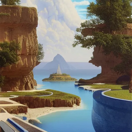 Image similar to David Ligare, scifi landscape, hyperrealistic surrealism, award winning masterpiece with incredible details, epic stunning, infinity pool, a surreal vaporwave liminal space, highly detailed, trending on ArtStation, artgerm and greg rutkowski and alphonse mucha, daily deviation, IAMAG