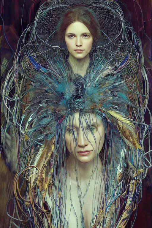 Image similar to hyperrealist portrait of a human with eagle head, it is decorated with long wires and feathers that fall like vines with lots of computer monitors in the background. by jeremy mann and alphonse mucha, fantasy art, photo realistic, dynamic lighting, artstation, poster, volumetric lighting, very detailed faces, 8 k, award winning