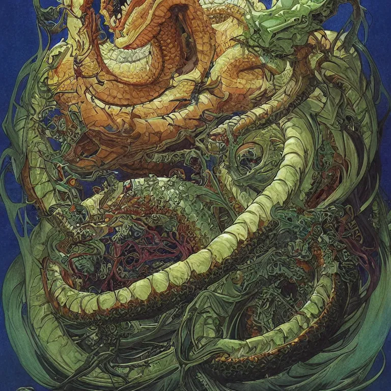 Image similar to portrait of Shenron The Eternal Dragon of the Earth Dragon Balls by Jeff Easley and Peter Elson + beautiful eyes, beautiful face + symmetry face + border and embellishments inspiried by alphonse mucha, fractals in the background, galaxy + baroque, gothic, surreal + highly detailed, intricate complexity, epic composition, magical atmosphere + masterpiece, award winning + trending on artstation