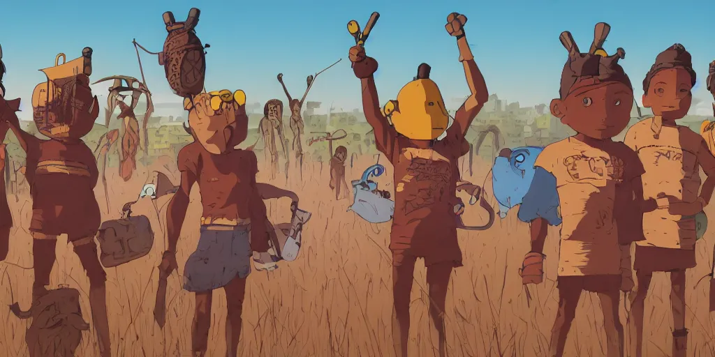 Image similar to a film still from Triplets of Belleville, 4 kids wearing African tribal masks with graffiti war paint stand together ready for battle in an open field in the middle of an African favela , medium shot, waist up, studio Ghibli, Pixar, Disney and animation anime key art by anime key art by Ian McQue, ilya kuvshinov and Greg Rutkowski, Bloom, dramatic lighting global illumination, muted red and grey