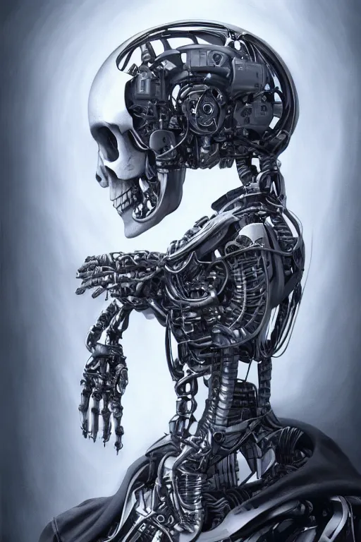 Image similar to Ultra realistic illustration of a robot sitting holding a human skull!!!!!!!, cyberpunk, sci-fi, fantasy, intricate, elegant, highly detailed, digital painting, artstation, concept art, smooth, 8k octane render, extremely hyperdetailed, intricate complexity, sharp focus, illustration, art by artgerm and greg rutkowski and blizzard studios