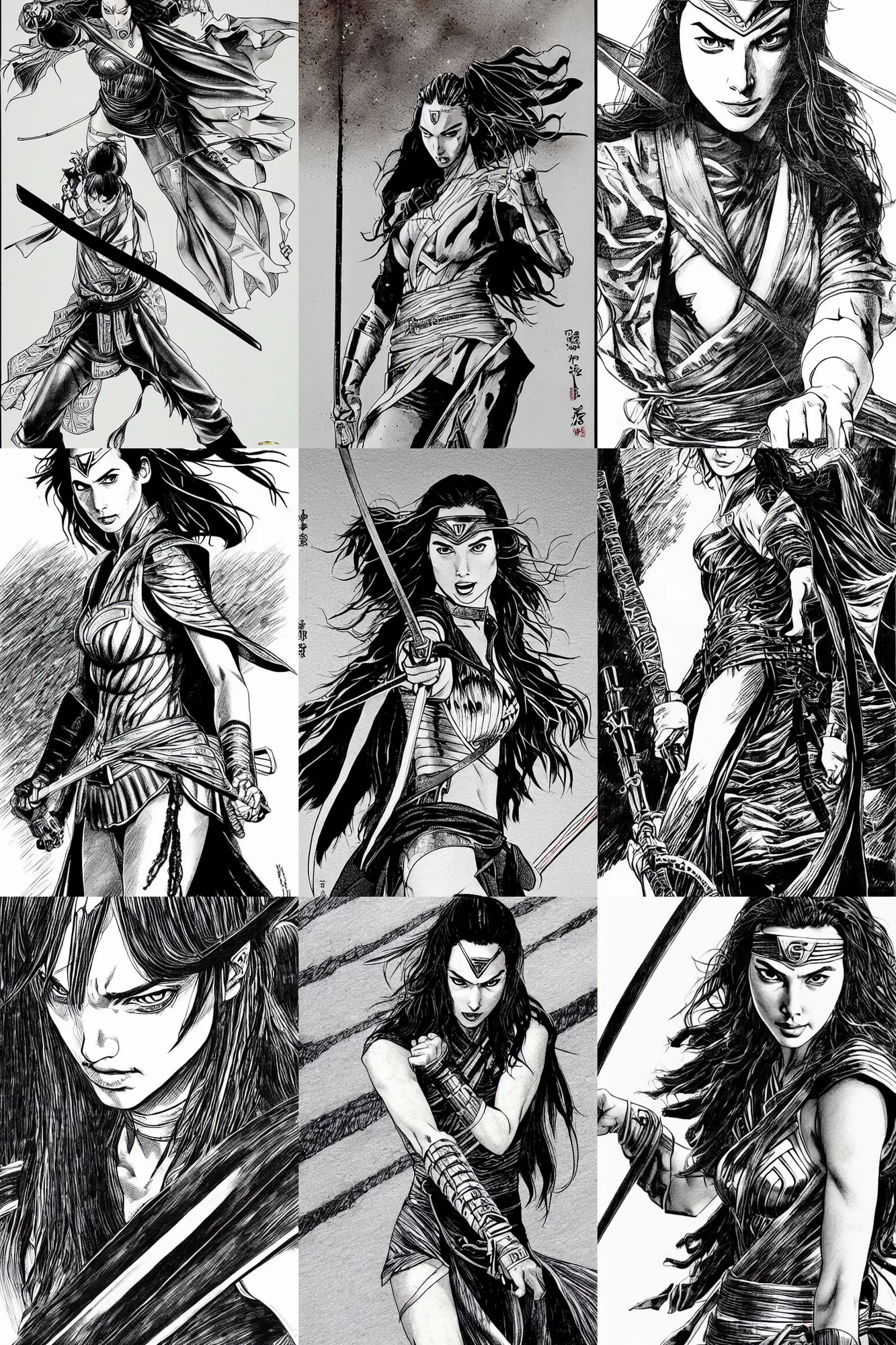 Prompt: detailed gal gadot as samurai in vagabond manga by takehiko inoue, black ink